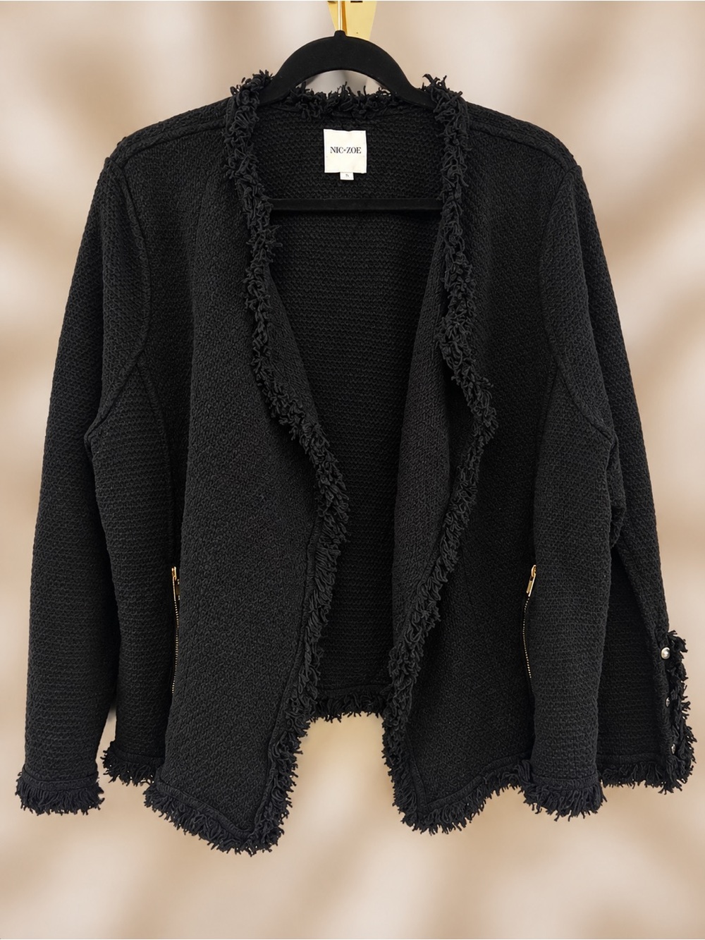 NIC+ZOE Black Textured Fringe Open-Front Jacket Cardigan – Size 2X NWOT